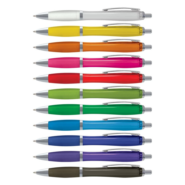 A collection of translucent plastic pens in various colours, featuring silver accents and clip designs.