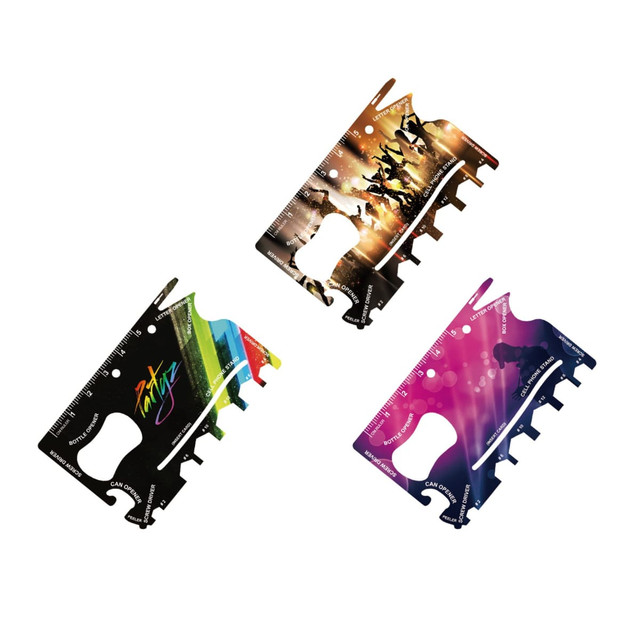 Three card-sized multi-tools in vibrant colours, featuring various designs and a ruler measurement. Each tool has a branding logo.