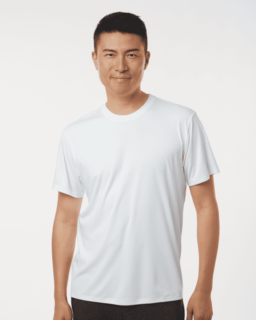 A white men's performance T-shirt featuring short sleeves and a fitted design, with a logo on the chest.