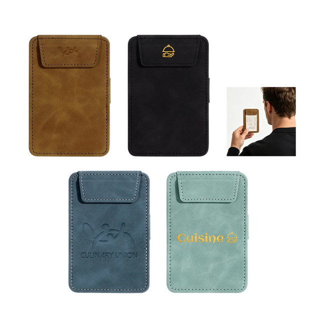 A collection of four coloured mini clipboards in brown, black, blue, and green, each with a flap and a logo.