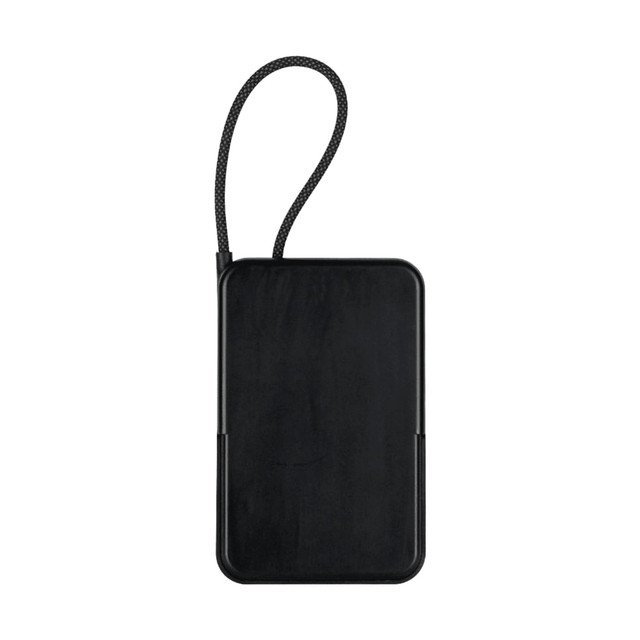 A black power bank with a strap, featuring a sleek rectangular design and a smooth surface.