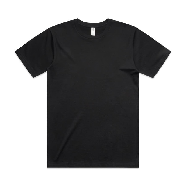 A black t-shirt with a regular fit, featuring a plain design and a tagless collar. It has a logo on the label.