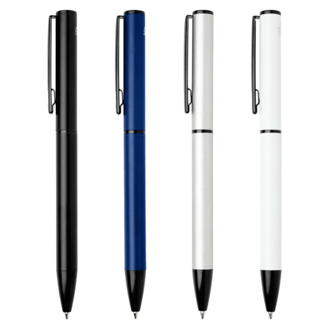 A collection of four ballpoint pens in black, blue, and white, featuring a sleek design and a clip.