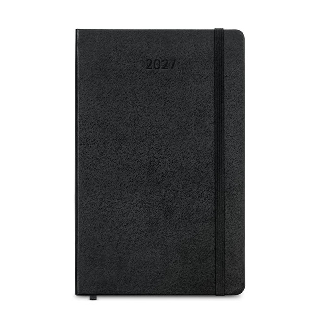 A black 2027 planner with a textured cover and an elastic band. It features a minimalistic design and a logo.