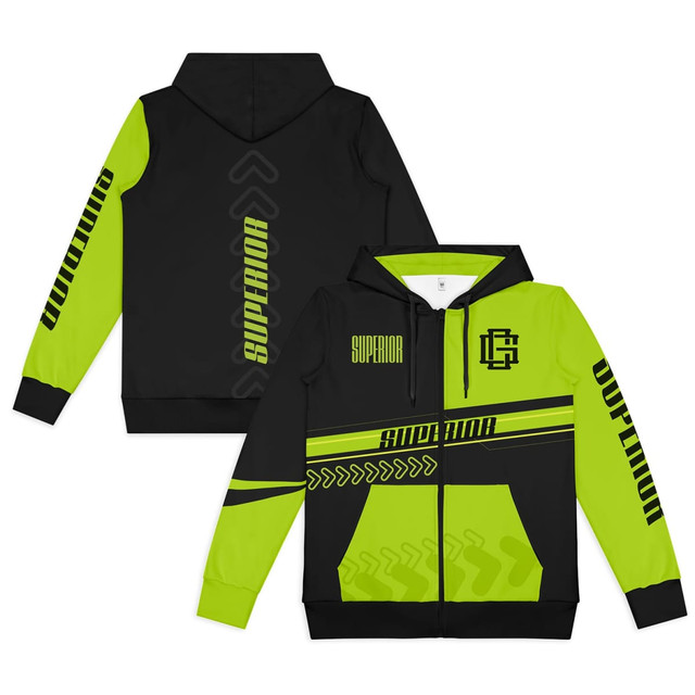 A black and neon green zipped hoodie featuring a logo and bold graphic designs on the sleeves.