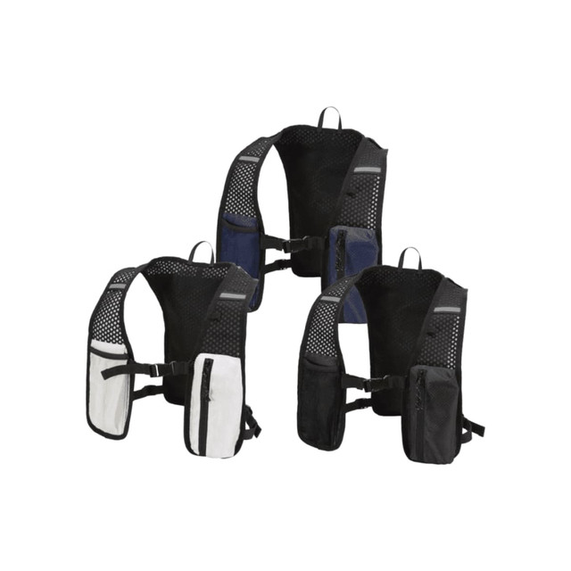 A hydration pack featuring a mesh design, available in black, navy, and white colours, with multiple pockets and straps.