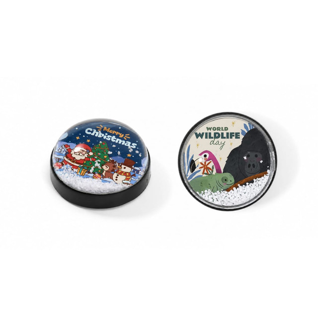 A snow globe fridge magnet featuring a Christmas scene with Santa and a wildlife scene with animals, in vibrant colours.