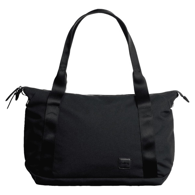 A black tote bag with two sturdy handles, featuring a sleek design and a logo.