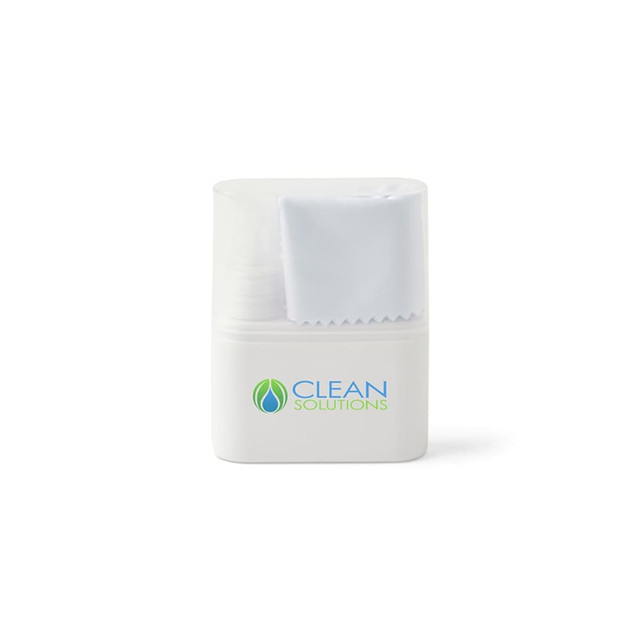 A white spray bottle with a fabric cloth attached, featuring a logo on the front.