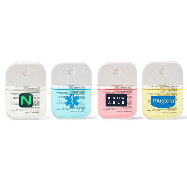 Four 35ml spray sanitisers in various colours: blue, pink, yellow, and a clear liquid, each with a logo on the bottle.