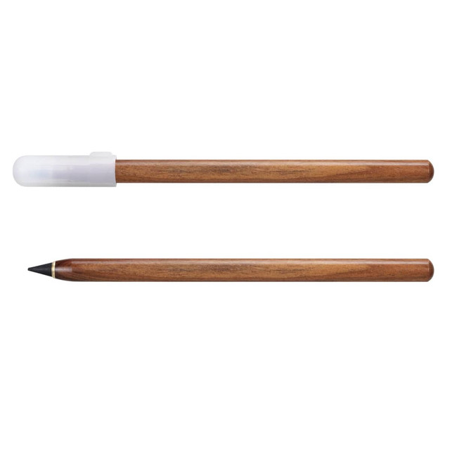 A metal pen with a wooden finish and a transparent cap, featuring a pointed tip for inkless writing. A metal pen with a wooden finish and a transparent cap, featuring a pointed tip for inkless writing.