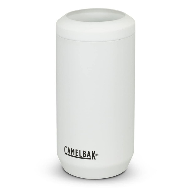 A drink bottle in white with a rounded design and a logo, featuring a 500ml capacity for can cooling.