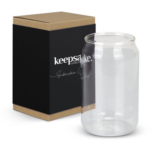 A clear glass with a cylindrical shape, displayed alongside a black box featuring a logo.