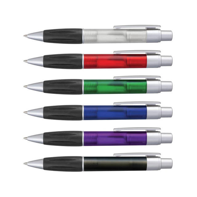 A set of six plastic pens in various colours: clear, red, green, blue, purple, and black, each with a silver clip and accents.