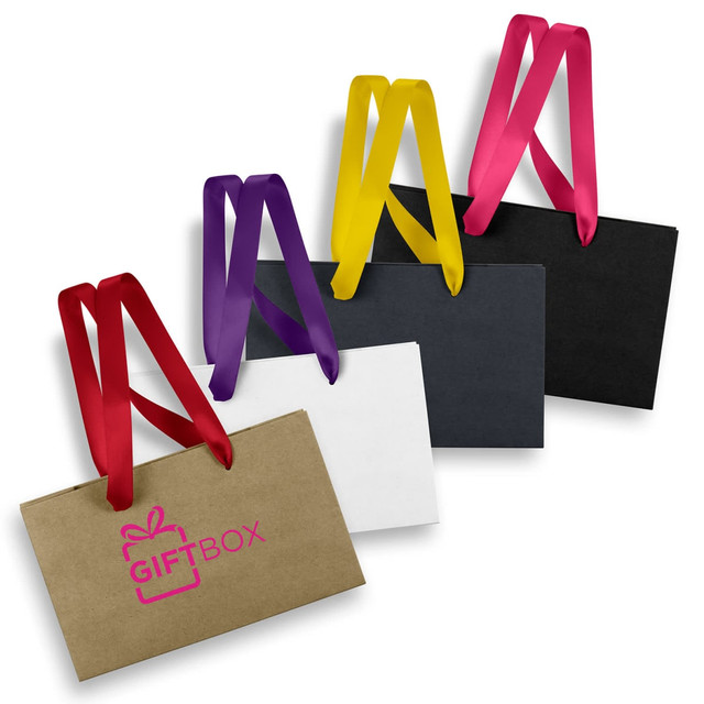 Four small paper bags in various colours—brown, white, black, and purple—featuring ribbon handles and logos.
