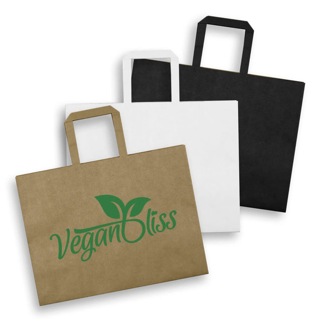 Three large flat handle paper bags in brown, white, and black, featuring a logo on the brown bag.