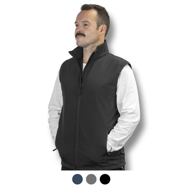 A man wearing a black vest with a high collar, featuring side pockets and a logo. Suitable for layering. A man wearing a black vest with a high collar, featuring side pockets and a logo. Suitable for layering.