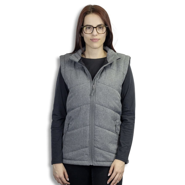 A grey puffer vest with a zip front and side pockets, featuring a logo on one side. A grey puffer vest with a zip front and side pockets, featuring a logo on one side.