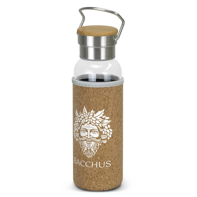 A drink bottle with a clear glass body, cork sleeve, and stainless steel lid, featuring a logo on the sleeve.