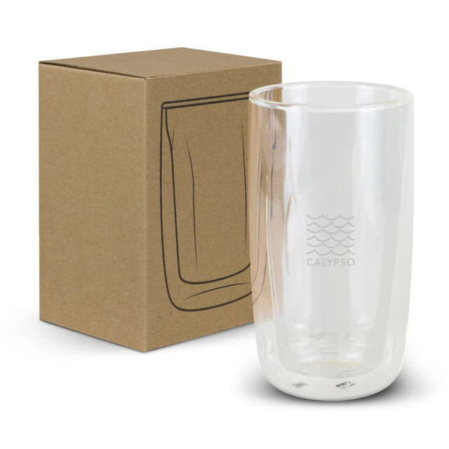 A clear double wall glass stored in a brown cardboard box. The glass features a logo on its surface. A clear double wall glass stored in a brown cardboard box. The glass features a logo on its surface.
