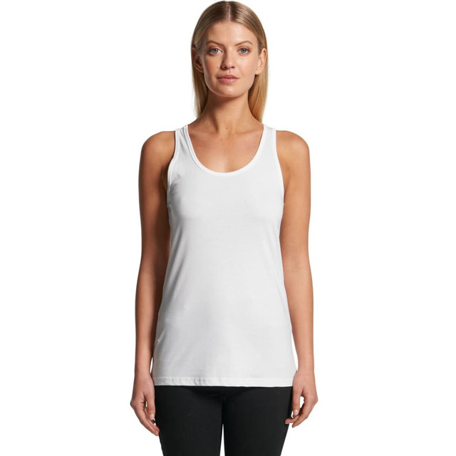 A white singlet top featuring a classic tank design, modelled by a woman standing straight, with a plain background.