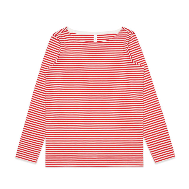 A long-sleeved t-shirt featuring red and white horizontal stripes and a rounded neckline. It has a branding logo.