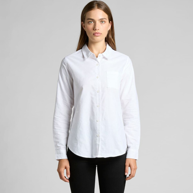 A white button-up shirt with a pocket, featuring long sleeves and a slight sheen. It has a branding logo. A white button-up shirt with a pocket, featuring long sleeves and a slight sheen. It has a branding logo.