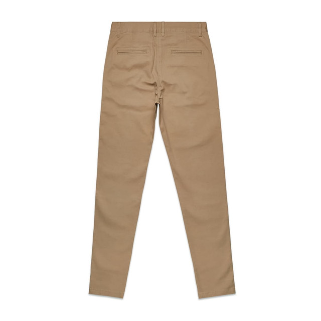 A pair of khaki slacks with a standard fit, featuring back pockets and a waistband. Includes branding on the label.