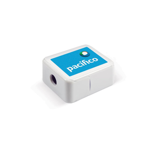 A white pencil sharpener with a blue top and a logo. It features a single sharpening hole.