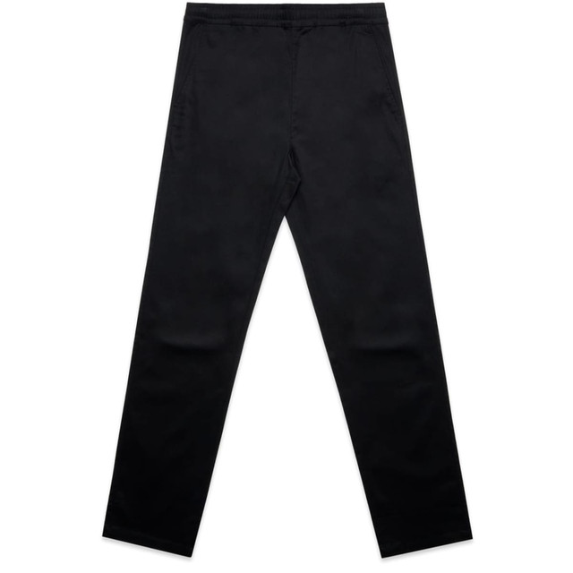 Black straight elastic pants with a simple design and waistband, featuring pockets and a plain style.