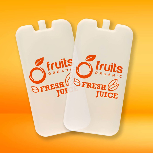 Two transparent cooler bricks with an organic fruits logo in orange and white against an orange background. Two transparent cooler bricks with an organic fruits logo in orange and white against an orange background.