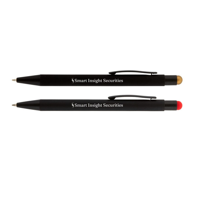 A collection of two black stylus pens with one featuring a gold tip and the other featuring a red tip, both with branding.