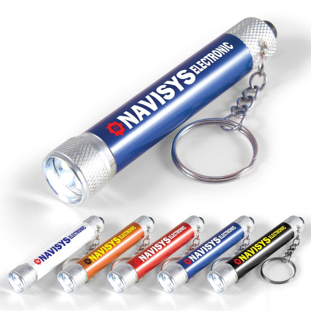 A keychain flashlight in various colors featuring the name "NAVISYS ELECTRONIC" printed on the side. A keychain flashlight in various colors featuring the name "NAVISYS ELECTRONIC" printed on the side.