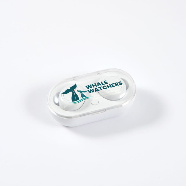 White charging case with wireless earbuds inside, featuring a logo on the lid.