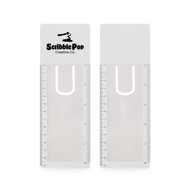 A translucent white bookmark magnifier ruler with a logo, featuring measurement markings on one side.