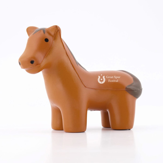 A brown horse-shaped stress reliever with a smooth finish, featuring a logo on its side. A brown horse-shaped stress reliever with a smooth finish, featuring a logo on its side.