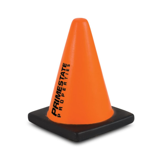 An orange stress road cone with a black base and a logo printed on the side. An orange stress road cone with a black base and a logo printed on the side.
