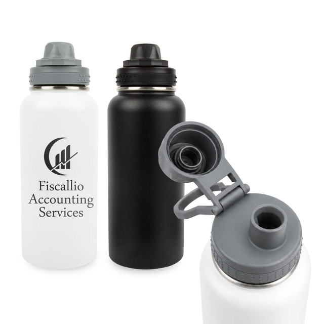 A drink bottle featuring a stainless steel body in white and black, with a grey plastic screw cap and a logo.