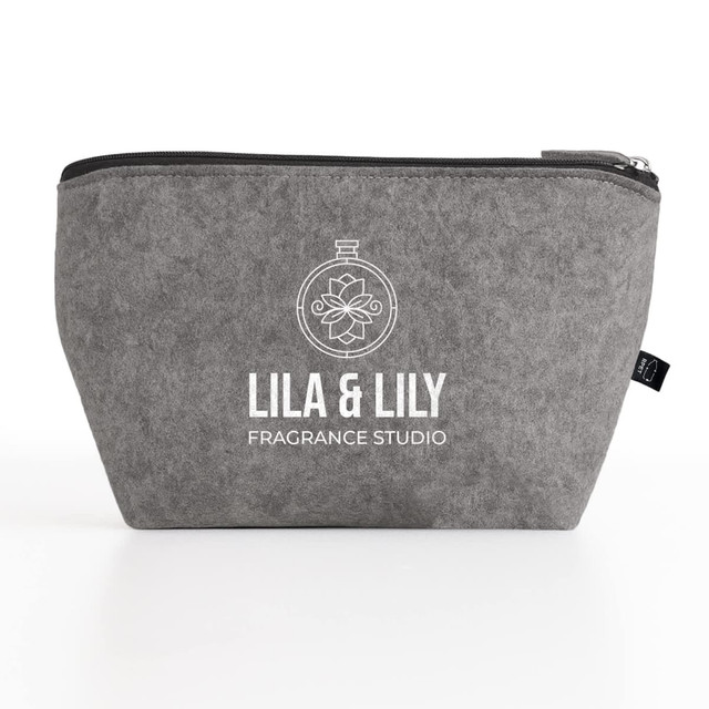 A grey felt pouch featuring a logo, ideal for organising toiletries and accessories.