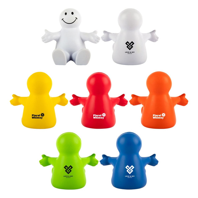A collection of stress relievers shaped like characters in white, red, orange, yellow, green, and blue, with various logos. A collection of stress relievers shaped like characters in white, red, orange, yellow, green, and blue, with various logos.