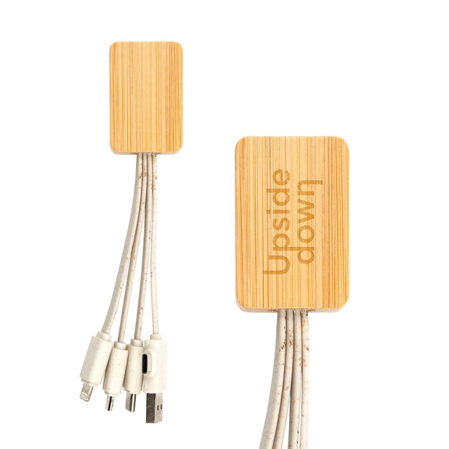 A bamboo charging cable organiser in natural wood tones with multiple white charging connectors. It features a logo.