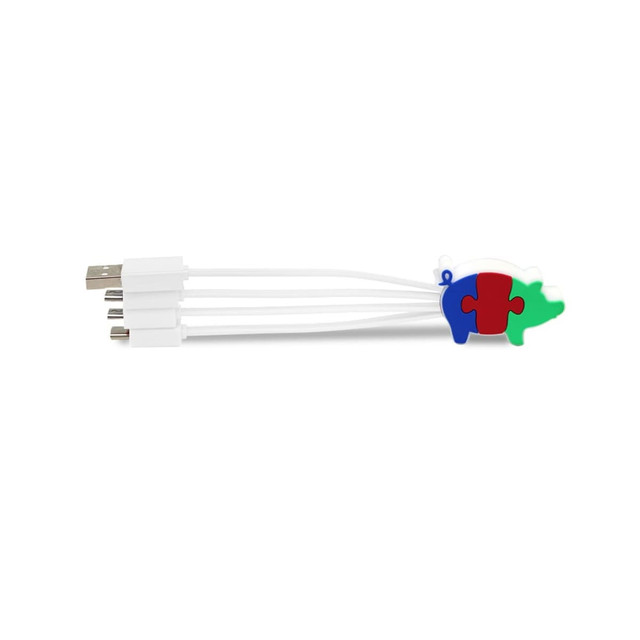 A custom PVC charging cable in white, featuring a colourful puzzle piece design and three connectors.
