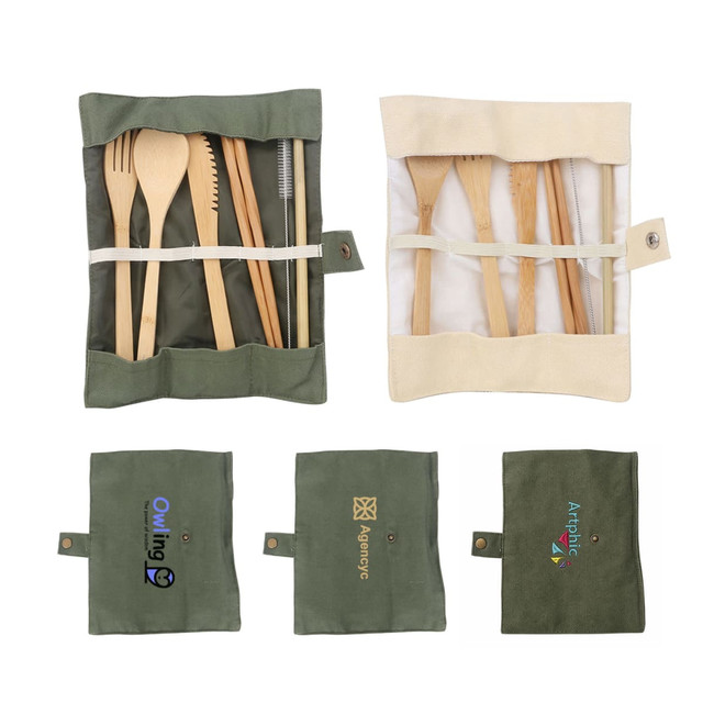 A bamboo cutlery set featuring six pieces, including forks and knives, housed in a green fabric roll. It has a logo.