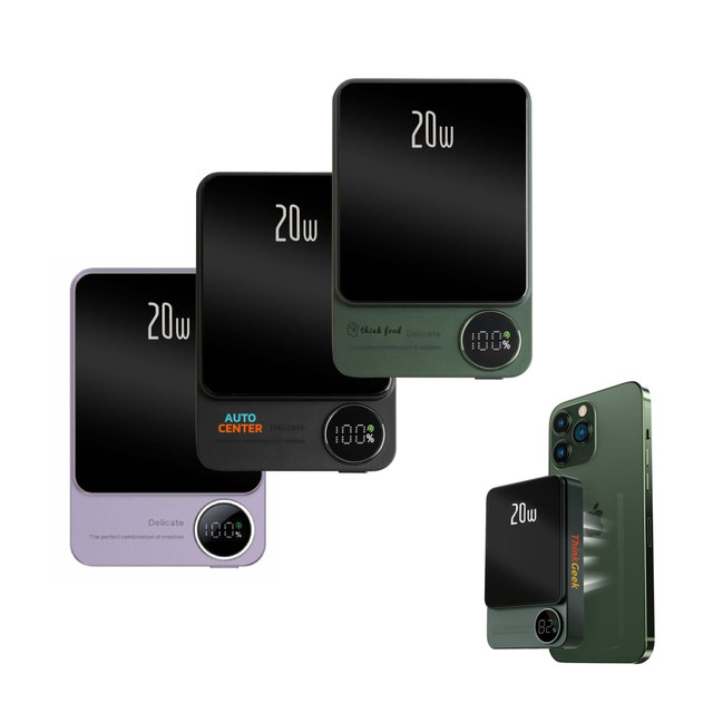 A collection of three 10000mAh magnetic wireless power banks in lavender, black, and dark green, with digital displays.