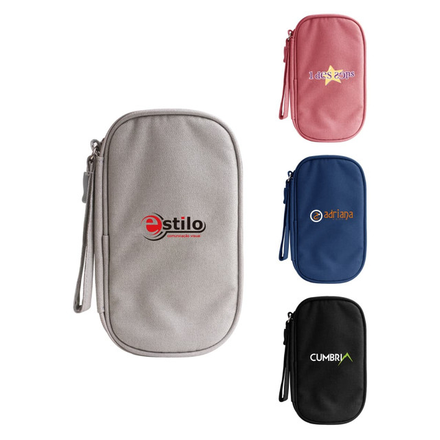 A variety of electronic accessory organiser bags in grey, pink, and black, featuring different logos.