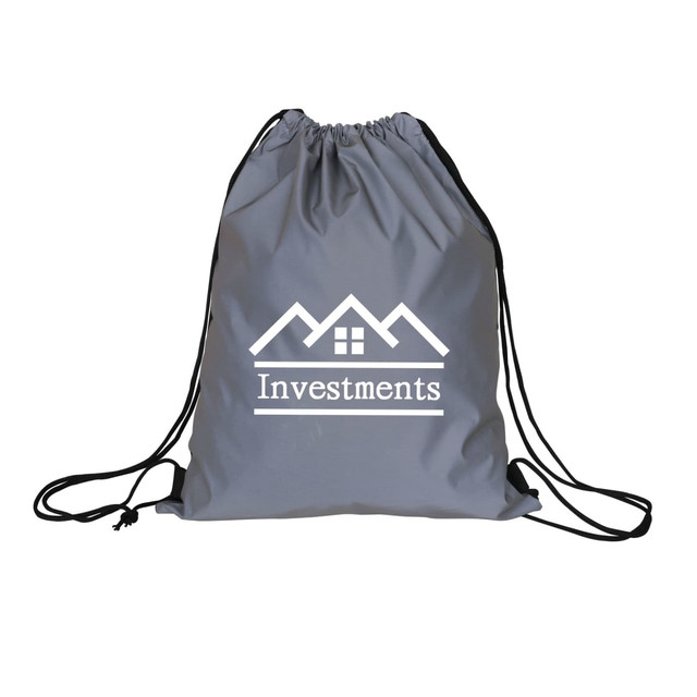 A grey drawstring bag with a logo featuring mountains and the word "Investments" printed in white.