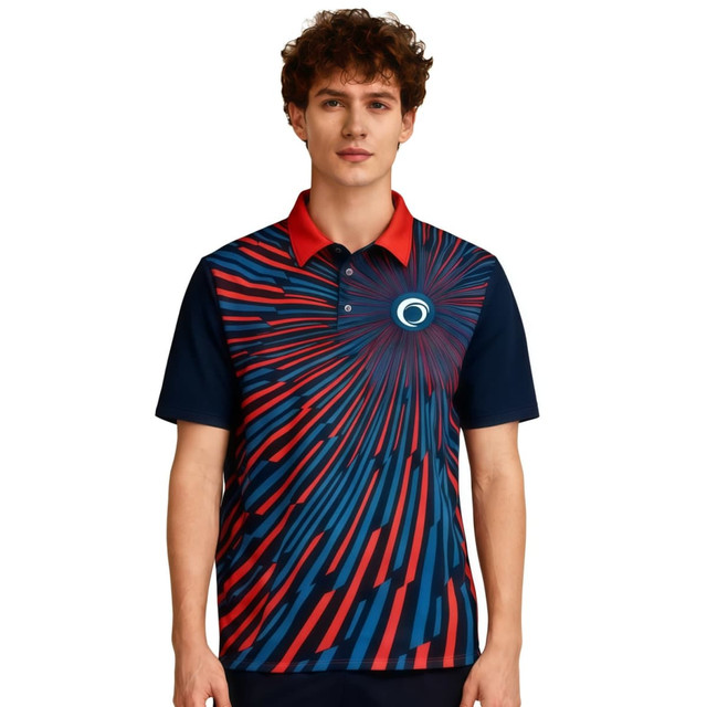 A young man models a short-sleeve polo shirt featuring a blue and red geometric design with a logo on the chest.