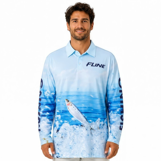 A light blue men's polyester spandex polo shirt featuring a fishing design and a logo on the sleeve.