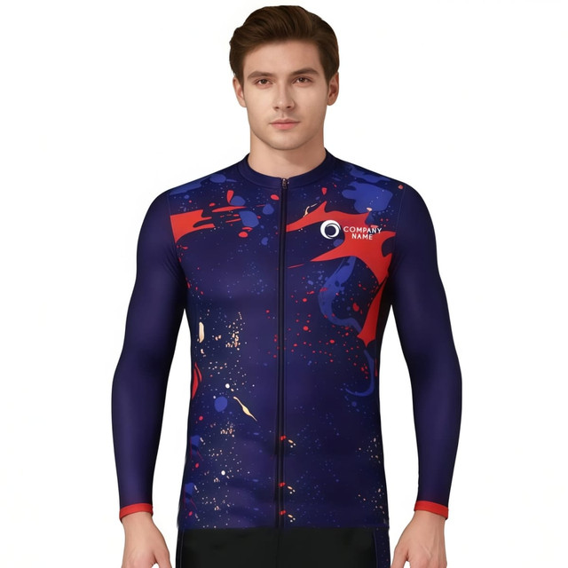 A long sleeve cycling jersey in navy with red and blue splashes, featuring a logo on the chest.