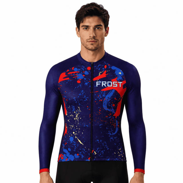 Men's long sleeve cycling jersey in navy blue with vibrant red and blue splatter design, featuring a logo.